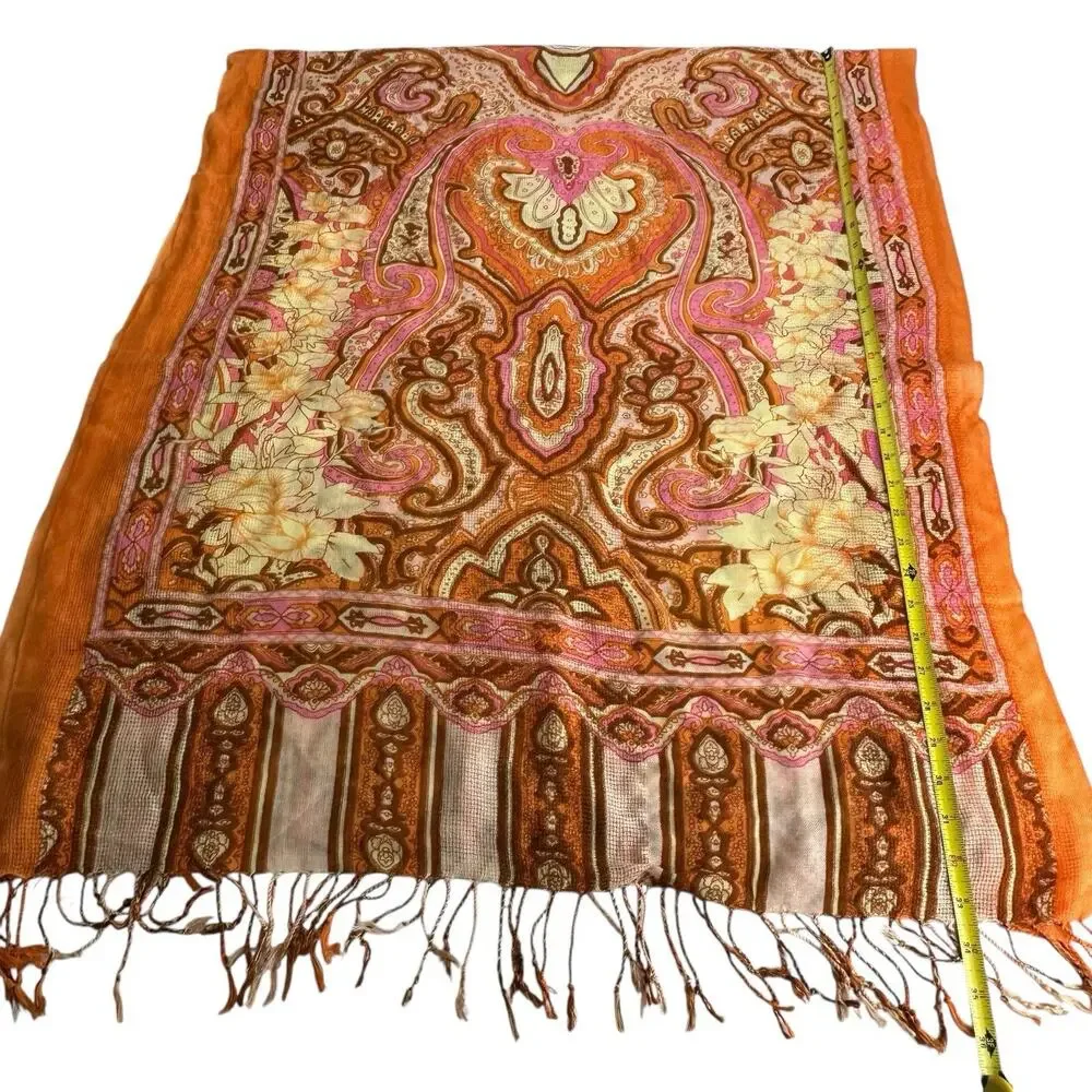 Paisley Fringe Wrap Scarf in Burnt Orange and Pink